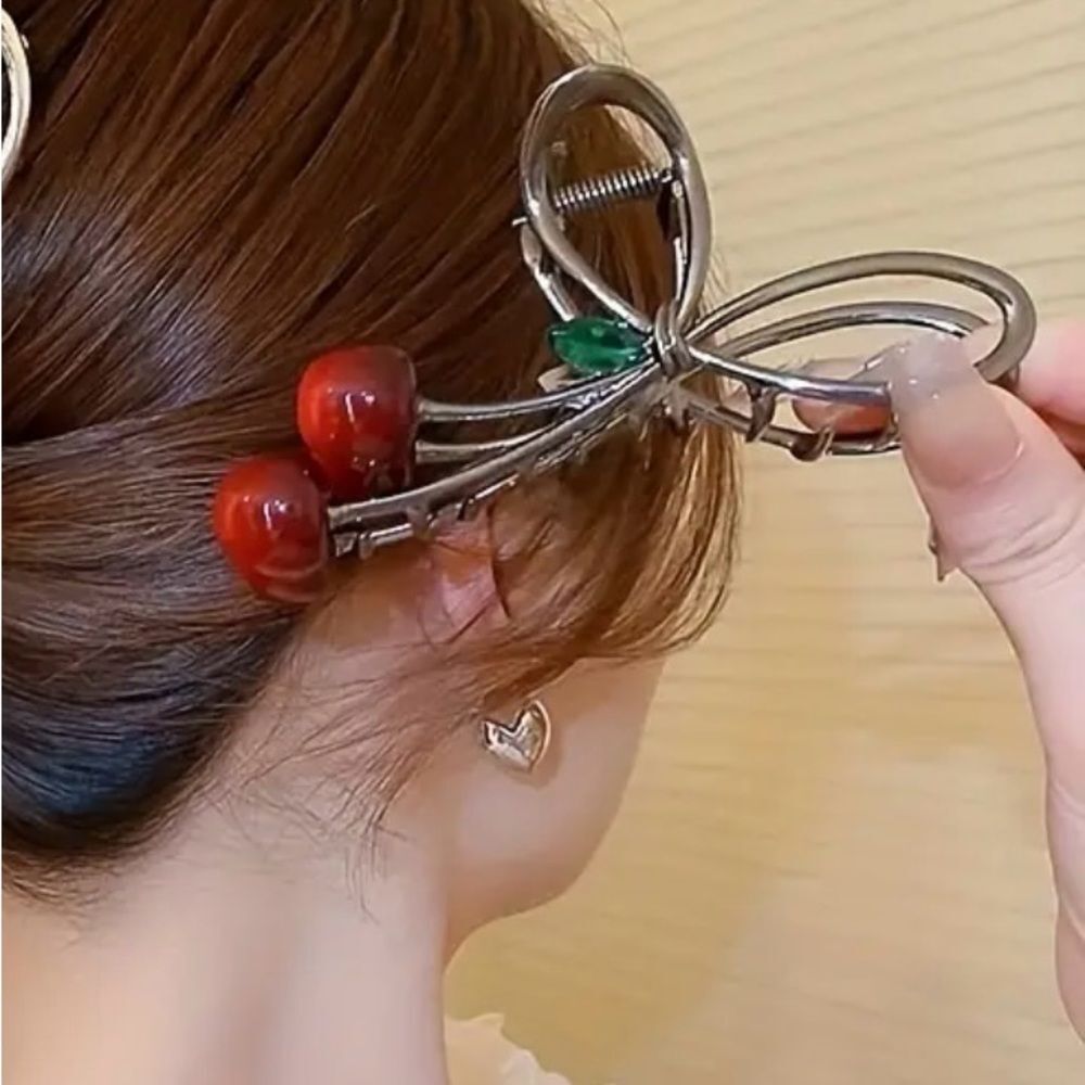 Cherry Blossom & Green Rhinestone Hair Claw